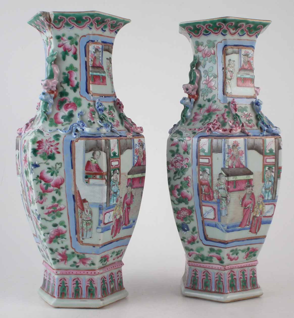 Pair of Cantonese hexagonal vases decorated with Chinese figures in interior scenes, applied dog and - Image 4 of 6