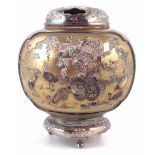 Japanese Shibayama inlaid vase, with pierced white metal cover and foot, the gilded lacquer on