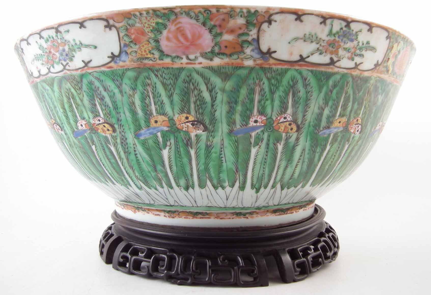 Chinese famille rose bowl, early 20th century, 'China' stamp to base, with wood stand, 40cm - Image 5 of 8