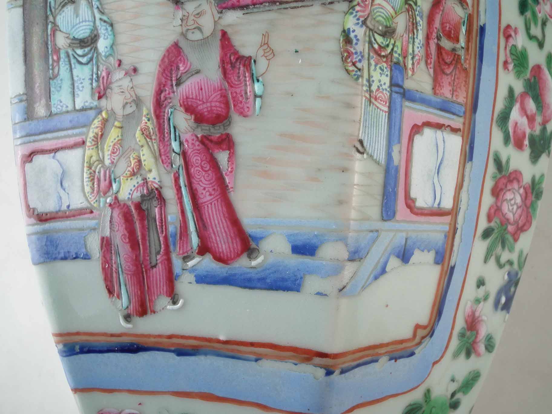 Pair of Cantonese hexagonal vases decorated with Chinese figures in interior scenes, applied dog and - Image 6 of 6