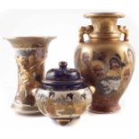 Three Japanese Satsuma vases , one with pierced cover, painted with figures, late 19th / 20th