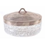 Chinese butter dish, with white metal oval lid monogramed ‘TC’ on cut glass base, no marks to the