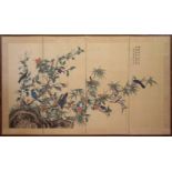 Chinese four-panel hand painted screen 91cm x 152cm. Condition report: Generally good all over.