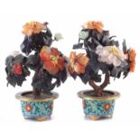 Pair of Chinese hardstone trees or pot plants, growing from cloisonné bases, late 19th/ early 20th