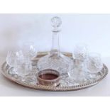 Oak plated tray with galleried rim, Gainsborough plated coaster, two Stuart crystal brandy