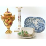 Coalport lidded vase signed Baggott, Ming rose candlestick, Japanese cup and saucer (AF) and a