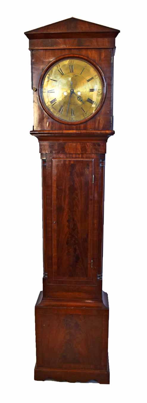 An 18th century mahogany longcase clock. With triangular pointed pediment, engaged pillasters and