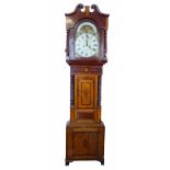 A 19th century oak and mahogany longcase clock. With double swan-neck pediment and carved columns