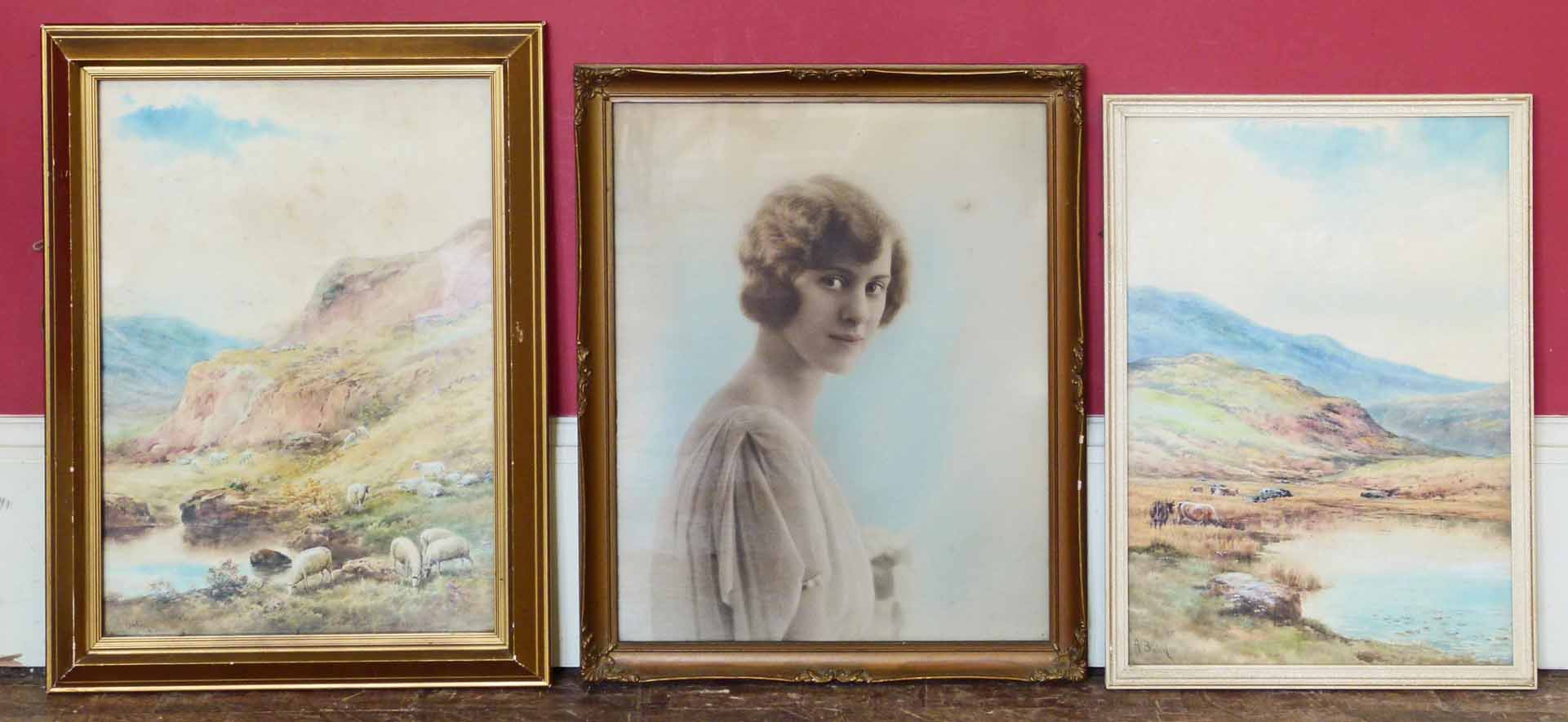 Two A. Binbeck water colours of Highland Scenes and Early 20th century photograph of a young woman.