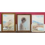 Two A. Binbeck water colours of Highland Scenes and Early 20th century photograph of a young woman.