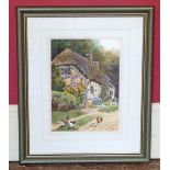 Watercolour by Worcester porcelain painter Christopher Hughes, Thatched Cottage scene with