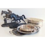 Black Beswick horse on plinth and resin racehorse with rider and plated ware