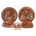 Pair of Victorian salt glaze stoneware Lions and two portrait medallions and a pig money box.