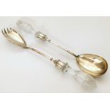 Pair of Victorian silver and cut glass salad servers.