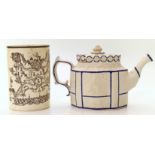 Castleford type tea pot with sliding cover and a creamware masonic crested tankard