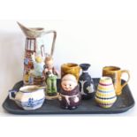 H.J. Wood tavern jug, two wade "Moko" jugs, Wedgwood vase, Doulton 'Norfolk' jug, small Hornsea