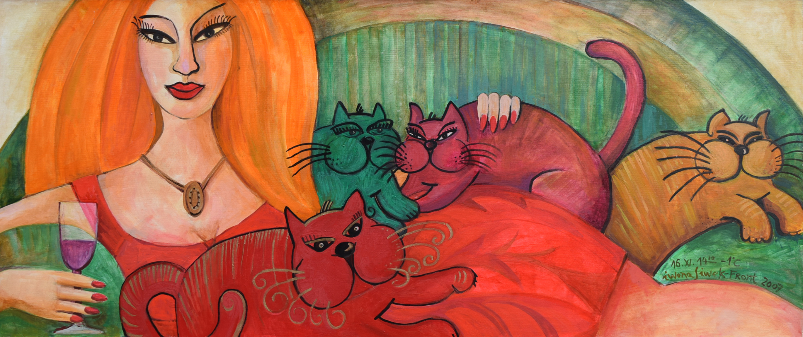 Iwona Sinek-Front, reclining female with cats, acrylic.