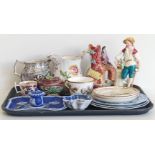 A collection of English pottery and porcelain to include a figure of a gardener, child's plate, blue