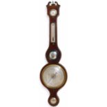 Mahogany banjo barometer with silvered hygrometer, thermometer, mirror, forecasting dial and