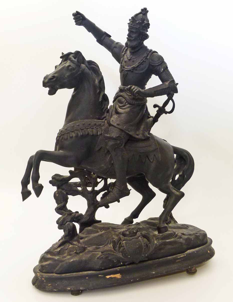 Spelter figures of Henry IIV on horseback mounted on oval plinths