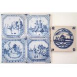 Four 18th century Delft tiles and one other