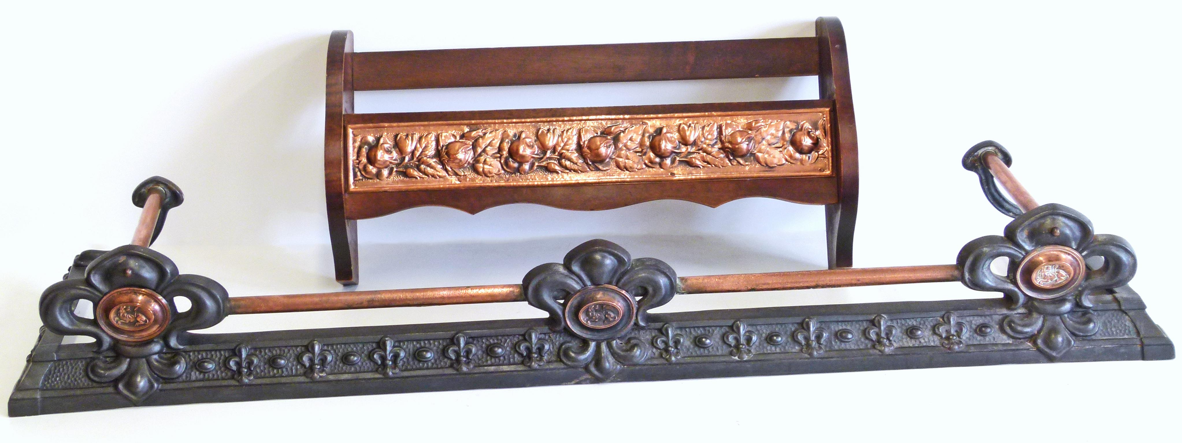 Copper and cast iron fire fender, also a wall shelf with embossed copper panel.
