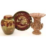 A 19th century saltglaze vase, Carlton ware rouge royal plate and a Crown Devon ginger jar