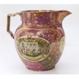 Sunderland pink lustre jug initialled J and M.P 1819