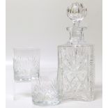 Cut glass decanter and two glasses. Unfortunately we are not doing condition reports for this sale.