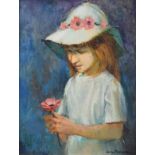 George Thompson (b.1934) ,Â "Little Girl in White Hat", signed, titled and dated '78 on verso, oil