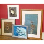 Two original paintings by Neil Patey- "Little Owl" and "Brown Hare" acrylic, together with a horse