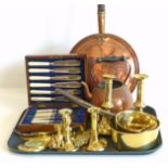 Two pairs of brass candlesticks, cased set fish eaters, copper warming pan, two brass saucepans