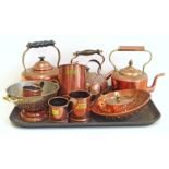 Three copper kettles, Four copper ale measures, copper colander, miniature Williams Sondma