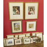 Quantity of assorted framed prints to include two signed mezzotints by Sydney E. Wilson.