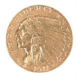 A two and a half dollar gold eagle coin, 4.2 grams, dated 1911.