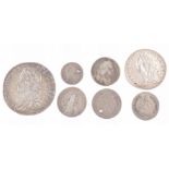 Collection of seven King George II silver coins including 1745 half crown (7 coins).