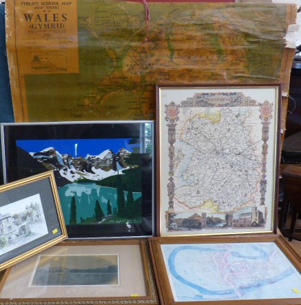 Shropshire print, rock mountains gouash painting (Jerry Sa;tmarsh 2003) and Phillips Map Of Wales