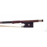 Nickel mounted violin bow stamped 'Tourte' 73.2cm long. Unfortunately we are not doing condition