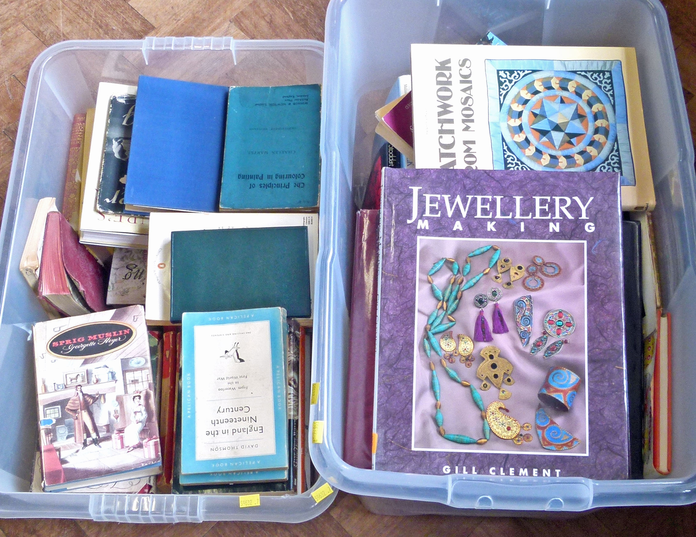 Two boxes of books, "Paris and Surrealists", "Country Christmas" "Jewellery Making" and various