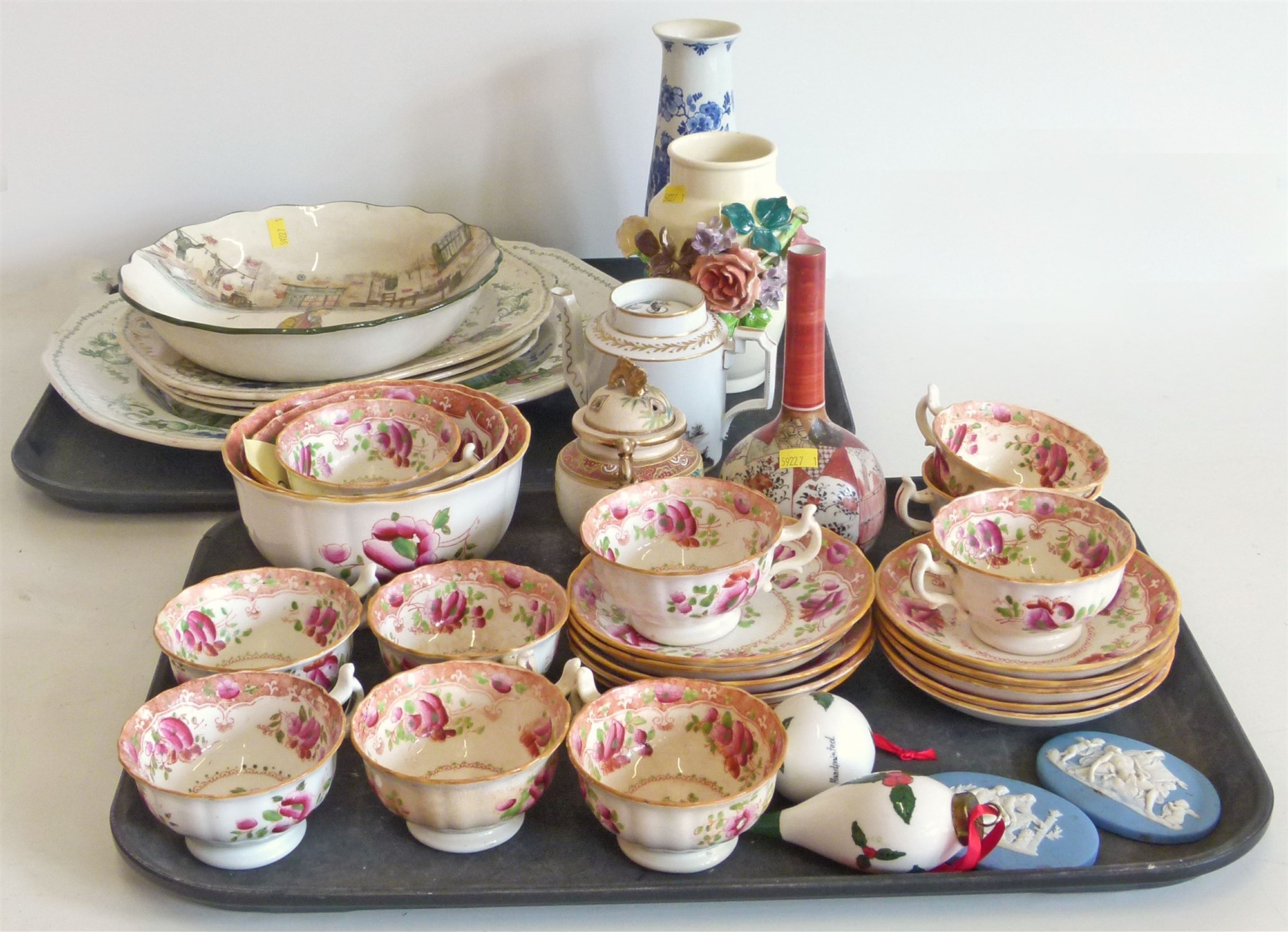 Three Staffordshire meat platters, two Wedgwood plaques, Royal Doulton series ware dish etc.