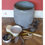 A galvanised dolly tub, a quantity of kitchenware and three blow lamps Unfortunately we are not