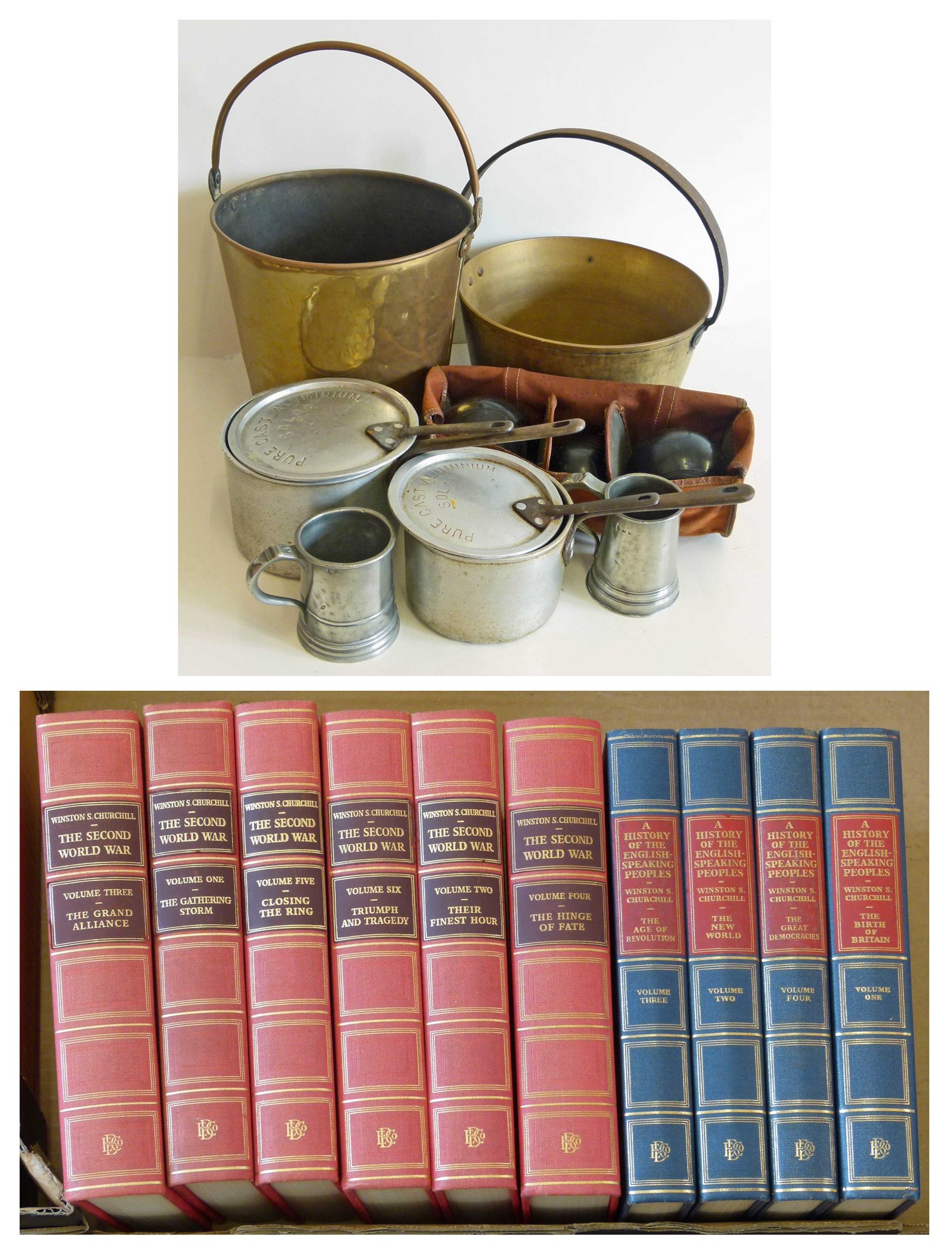 Brass jam pan, coal bucket, two lidded pans, two tankards, a set of bowls, Winston Churchill "The