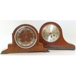 Two Napoleon mantel clocks, one oak, one mahogany. Striking on Westminster chime and single gong