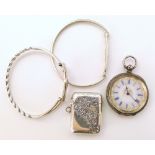 Two silver bangles , a silver Vesta case and a small pocket watch Unfortunately we are not doing