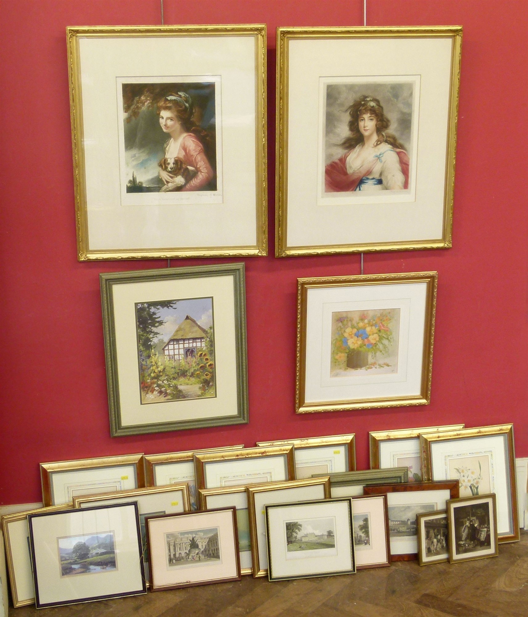 Quantity of assorted framed prints to include two signed mezzotints by Sydney E. Wilson.