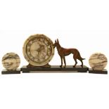 Art deco design French clock garniture, clock decorated with a cast metal figure of a dog