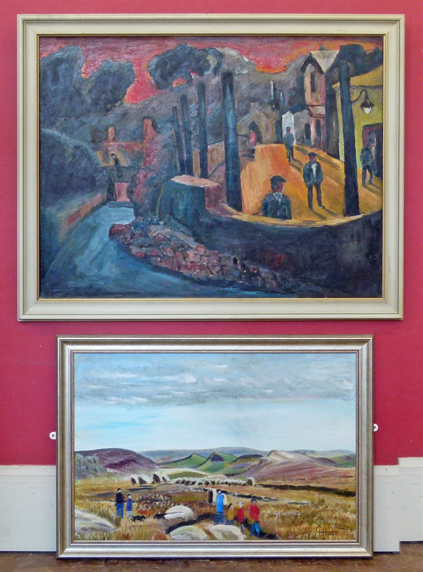 After Josef Herman, "Welsh Mining Village", oil on canvas together with another by C.B. Hirst, "
