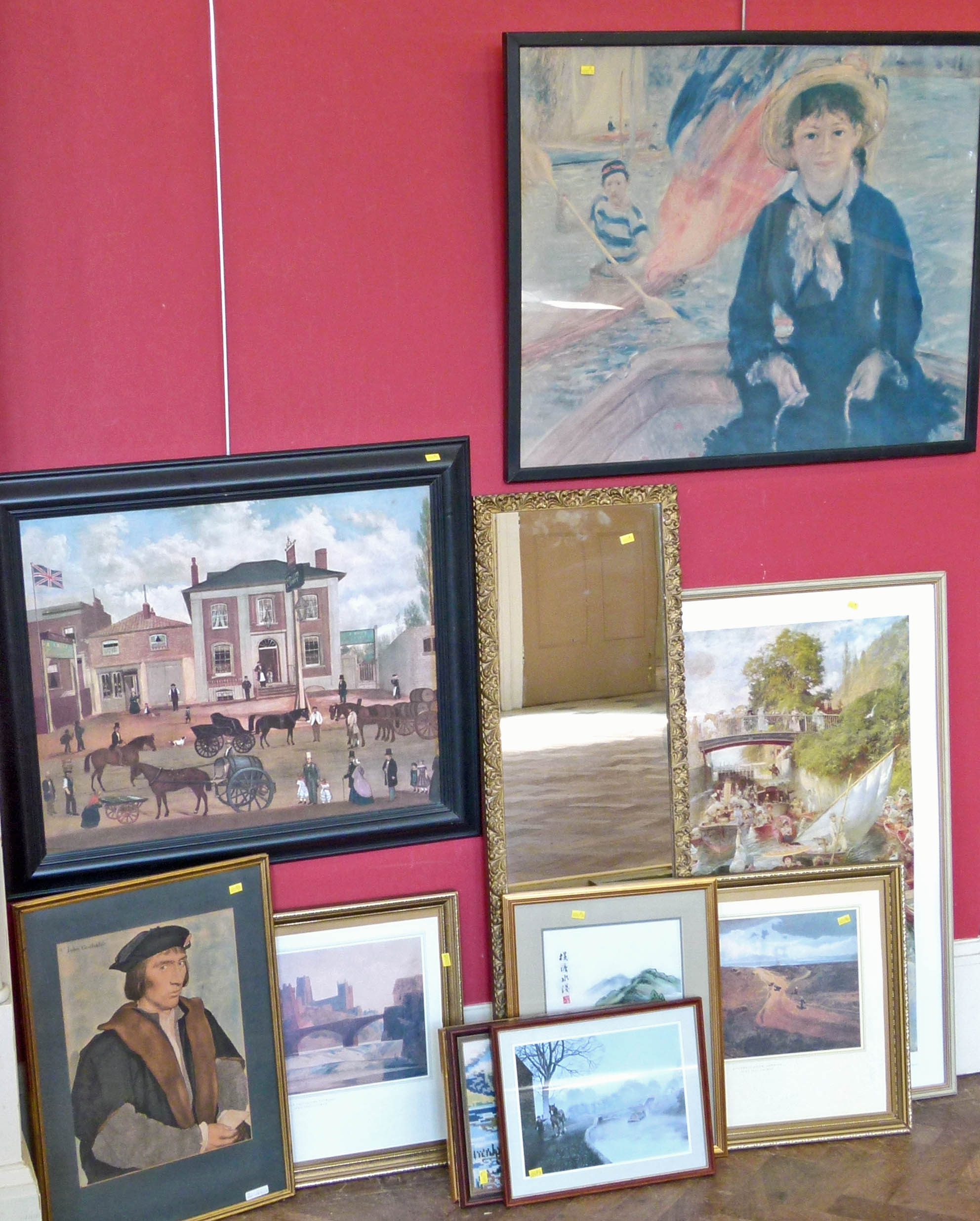 A gilt framed wall mirror, colour print "Boulter's Lock", "Sunday Afternoon" and various other