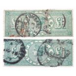 QV 1891 Â£1 green, pair of used stamps both with hinge marks and some staining.