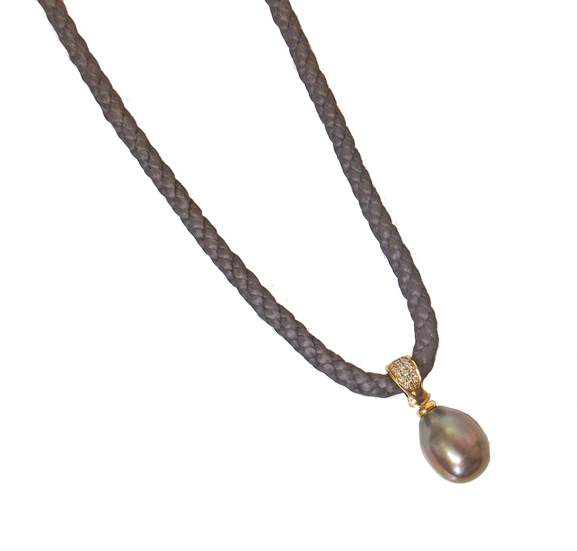 Tahitian pearl and diamond 18ct yellow gold pendant on rope twist cord chain , the grey-black